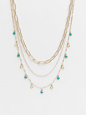 Asos Design Multirow Necklace With Open Link Chain And Tiny Green Stone Charms In Gold Tone