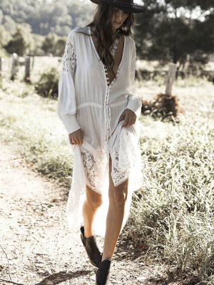 Lace Panel 3/4 Sleeve Button Down Maxi Cover Up