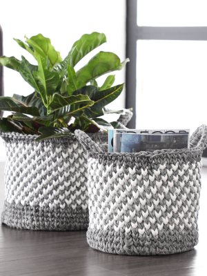 Olivia & May 14.5"x12"x12"x11" Set Of 2 Large Round Checkered Mesh With Cotton Rope Storage Baskets White/black