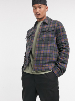 Asos Design Wool Mix Jacket In Brown And Blue Plaid