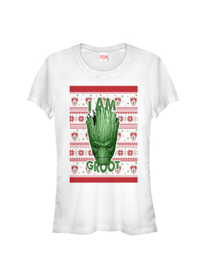 Junior's Marvel Ugly Christmas Guardians Of The Galaxy Groot Portrait T-shirt