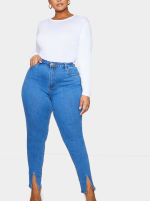 Plus Mid Blue Wash Split Front Skinny Jeans