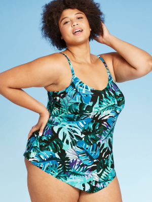 Women's Plus Size Drape Neck Tankini Top - Aqua Green® Tropical Blue