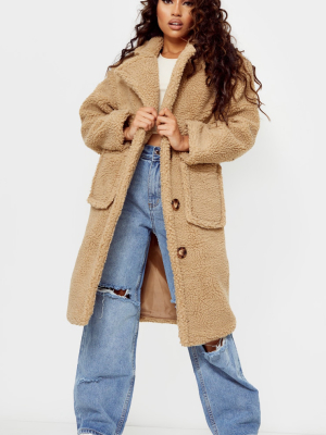 Petite Camel Borg Longline Coat