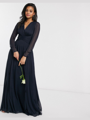 Asos Design Bridesmaid Ruched Waist Maxi Dress With Long Sleeves And Pleat Skirt