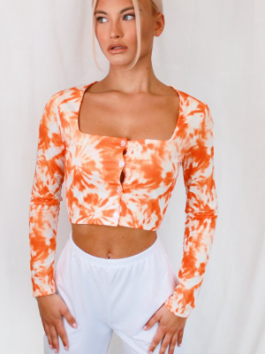 Orange Acid Wash Button Up Long Sleeve Crop Top