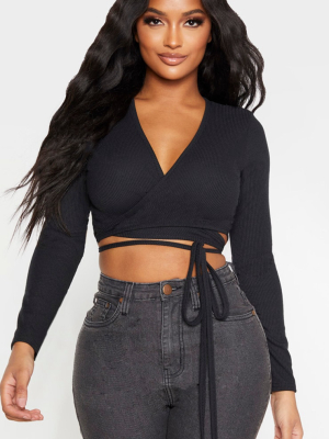 Shape Black Ribbed Long Sleeve Wrap Waist Crop Top