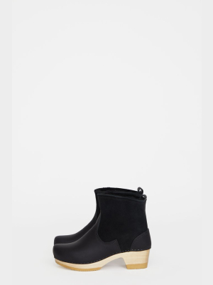 No.6 5" Pull On Shearling Clog Boot On Mid Heel In Black Suede