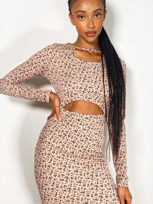 Stone Ditsy Floral Print Cut Out Long Sleeve...