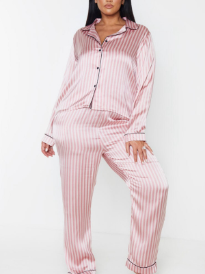 Plus Baby Pink Long Striped Satin Pj Set