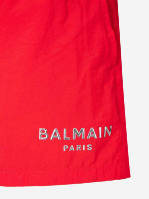 Balmain Metallic Logo Print Swim Shorts