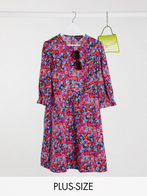 Wednesday's Girl Curve Mini Tea Dress With Frill Cuffs In Bright Floral