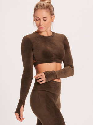 Velour Long Sleeve Crop Sports Top - Nori