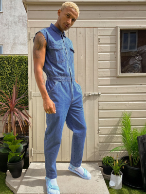 Asos Design Sleeveless Lightweight Denim Boilersuit In Mid Wash Blue