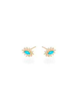 14k Turquoise And Diamond Cluster Studs