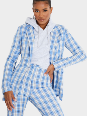 Light Blue Check Print Pinched Waist Blazer