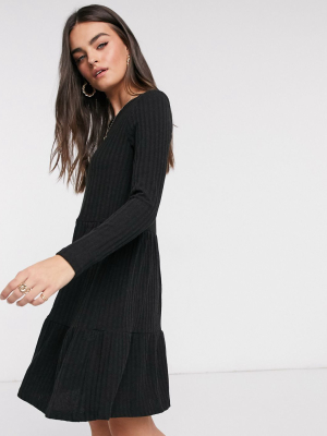 Vila Ribbed Midi Smock Dress In Black