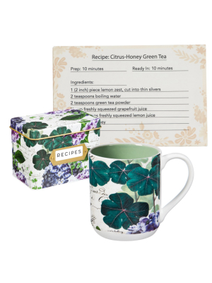 Evergreen Garden Recipe Tin With Recipe Cards And Ceramic Cups, Garden Glow