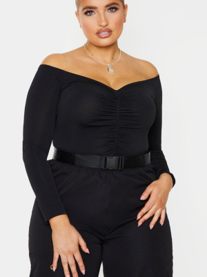 Plus Black Slinky Ruched Front Long Sleeve Crop...