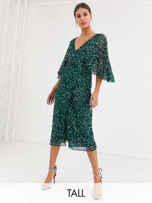 Maya Tall Bridesmaid Delicate Sequin Wrap Midi Dress In Green