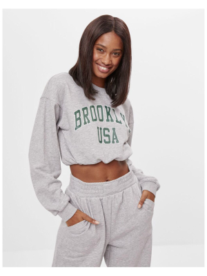 Bershka Brooklyn Cropped Sweatshirt In Gray Marl