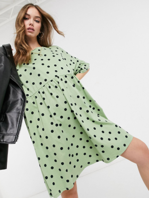 Asos Design Super Oversized Frill Sleeve Smock In Sage And Black Spot Print