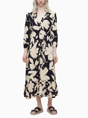 Floral 3/4 Sleeve Button Ruffle Maxi Dress