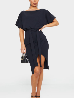 Wrap Front Black Kimono Sleeve Midi Dress