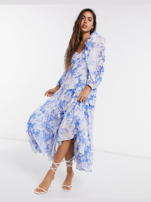 Asos Edition Tiered Midi Dress With Puff Sleeve In Blue Floral Print