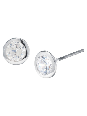 Silver Plated Brass Cubic Zirconia Bezel Set Stud Earrings (6mm)