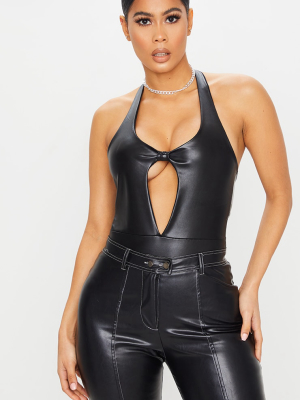 Black Pu Knot Front Halterneck Bodysuit