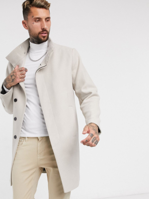 Asos Design Wool Mix Overcoat With Funnel Neck In Stone