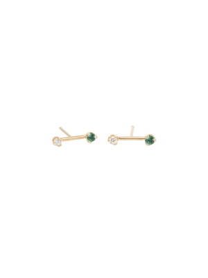 14k Gold Barbell Diamond And Emerald Studs