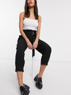 Bershka Relaxed Paperbag Pants With Belt In Black