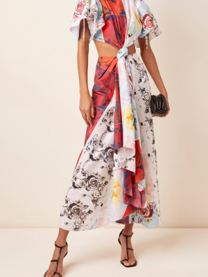 Printed Silk Cutout Midi Dress