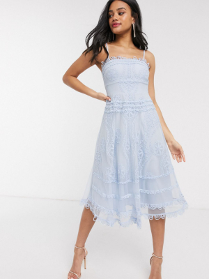 Love Triangle Bandeau Skater Midi Dress With Scallop Detail In Blue