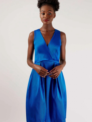 Closet Gold Satin Blue Pleated Wrap Dress