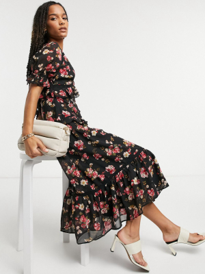 Asos Design Button-down Lace Insert Tiered Midi Dress In Dark Based Floral