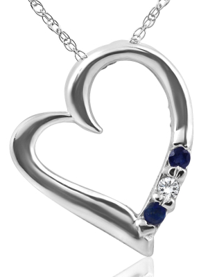 Pompeii3 Diamond & Blue Sapphire Heart Pendant 3-stone 14k White Gold With 18" Chain