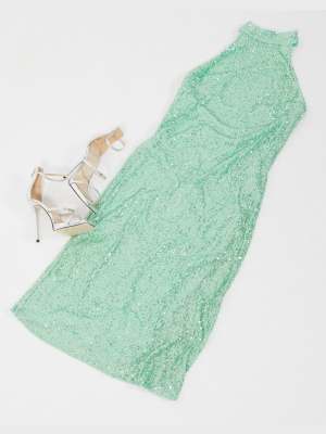 Pretty Lavish High Neck Sequin Midi Dress In Mint