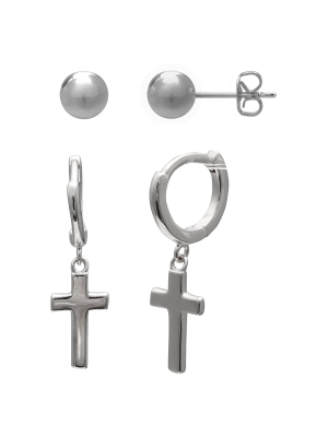 Women's Set Of Ball Stud And Cross Hoop Earrings In Sterling Silver - Silver (25mm)