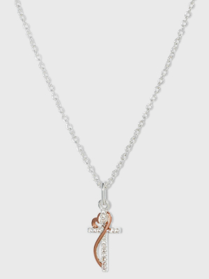 Silver Plated Rose Gold Cubic Zirconia Cross And Heart Necklace - Silver