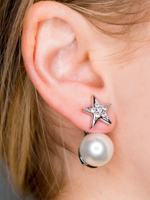 Silver Crystal Star Front 14mm White Pearl Pierced Earrings