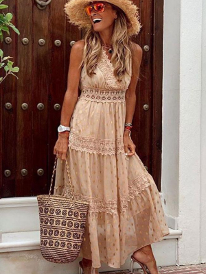 Polka Dot Lace Trim Wrap Front Beach Chiffon Dress