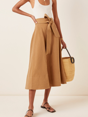 Manami Belted Cotton-linen A-line Midi Skirt