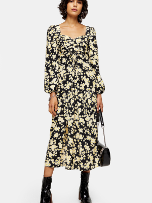 Daisy Print Pleated Bust Midi Dress