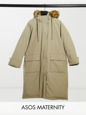 Asos Design Maternity Oversized Longline Parka In Stone