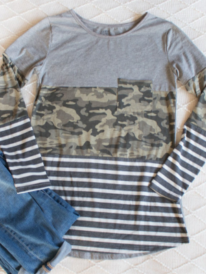 Stripe And Camo Colorblocked Tunic - Gray