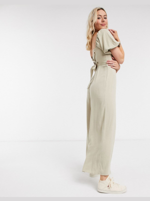 Asos Design Square Neck Linen Jumpsuit With Tie Back Detail In Cream