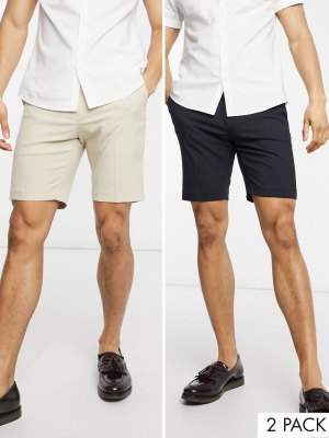 Asos Design 2 Pack Slim Smart Shorts In Stone And Navy